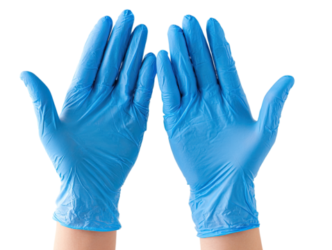 Pair of bright-blue nitrile gloves, hands facing forward
