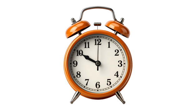Vibrant orange twin-bell alarm clock against a stark black backdrop