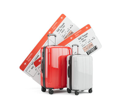 Air plane tickets and suitcases, pair of plane boarding pass and pair of suitcase. Travel or tourism concept