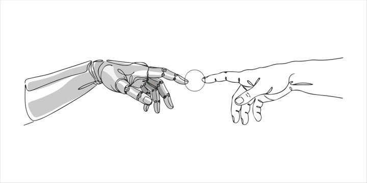 Robot and human hands about to touch, a modern Creation of Adam concept continuous single line art drawing sketch on white background