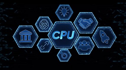 Central processing unit digital interface with interconnected icons representing innovation - Powered by Adobe