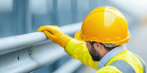 A construction worker in a bright yellow helmet and gloves examines a railing with focus and care.