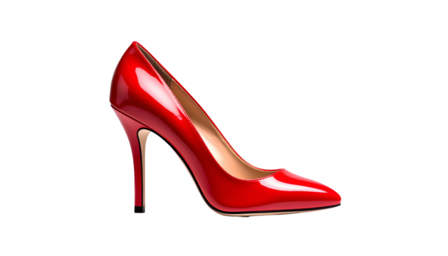 Sleek red patent leather stiletto heel against a dark background