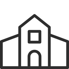 Simple line art icon of a building with a pitched roof and arched doorway, isolated on transparent background