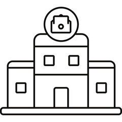 Simple line art icon of a building with a briefcase symbol on top, isolated on transparent background