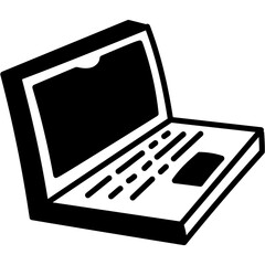 Black and white illustration of an open laptop computer, isolated on transparent background