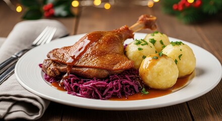 Traditional Roasted Duck with Red Cabbage and Dumplings A Festive Meal