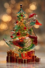 Festive Duck with Christmas Tree: A whimsical glass duck figurine, adorned with a miniature Christmas tree and holiday decorations, emanates warmth and cheer with a soft bokeh background.