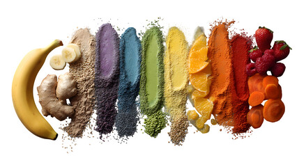 Colorful array of superfood powders and fresh fruits including banana ginger berries and orange slices displayed for healthy eating