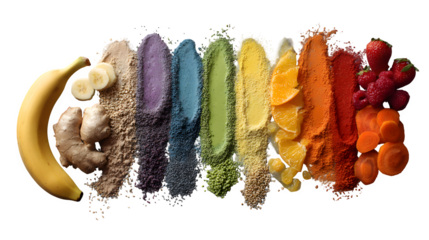 Colorful array of superfood powders and fresh fruits including banana ginger berries and orange slices displayed for healthy eating