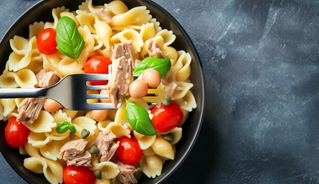 Fresh pasta salad with tuna, cannellini beans, capers and cherry tomatoes.
