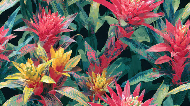 Flaming Sword Bromeliad Vriesea splendens striped rosettes in flat tropical print 