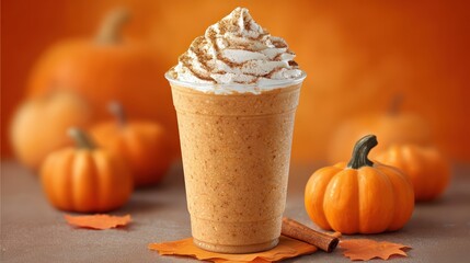 Creamy Pumpkin Spice Latte in a Tall Glass with Whipped Cream Topping Surrounded by Miniature Pumpkins and Fall Decorations on Wooden Surface