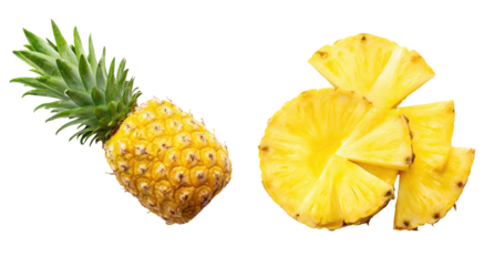 Fresh pineapple, whole and sliced, vibrant yellow flesh, green crown
