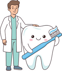 smiling dentist standing beside a happy cartoon tooth holding a toothbrush