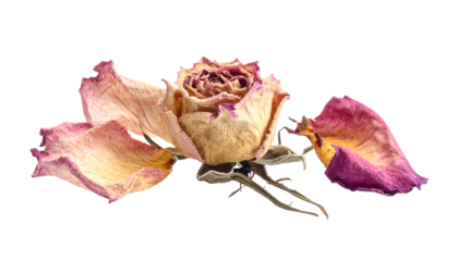 Faded rose blossom with detached petals against black backdrop