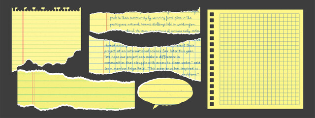 Set of yellow torn paper elements for collage and social media design. Notebook scraps with torn, jagged borders.