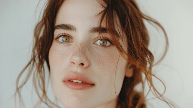 Portrait of a woman with distinctive freckle pattern on her face