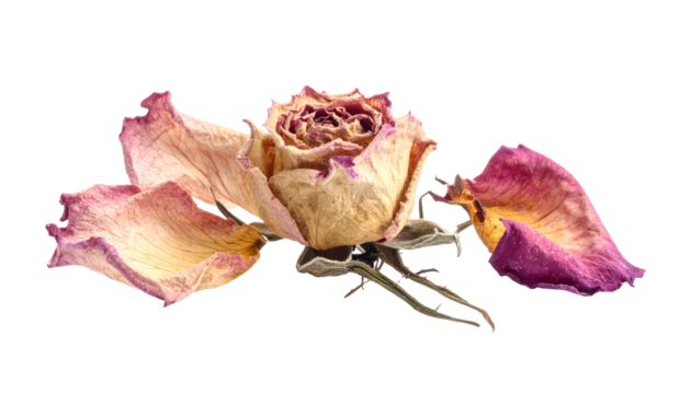 Faded rose blossom with detached petals against black backdrop