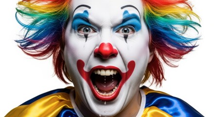 Scary Clown Makeup with Colorful Wig and Open Mouth