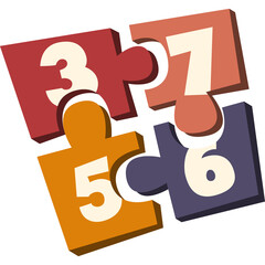 Four Jigsaw Puzzle Pieces Forming a Square With Numbers 3 7 5 And 6 In Warm Tones And Shadows Against Transparent Background