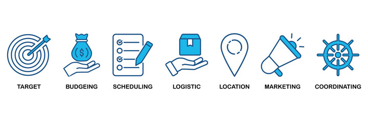 Obraz premium Event management icon set In Blue Monochrome Flat Design vector illustration concept for target, budgeting, scheduling, logistics, location, marketing, and coordination