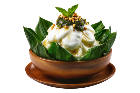 Banana pudding dessert with whipped cream in wooden bowl, styled with green leaves, isolated on white transparent background, concept of Papua New Guinea sweet treat
