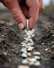 Hand gently places seeds in row on fertile soil, symbolizing growth and nurturing