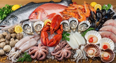 Assortment of Fresh Seafood and Shellfish Displayed on Ice