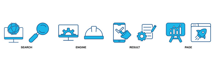 SERP banner web icon vector illustration concept for search engine result page with icon of web search, computer, search engine, mobile search, page result, and statistics graph