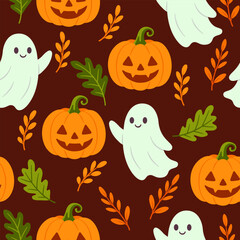 Halloween Pumpkins and Ghosts Seamless Pattern on Brown
