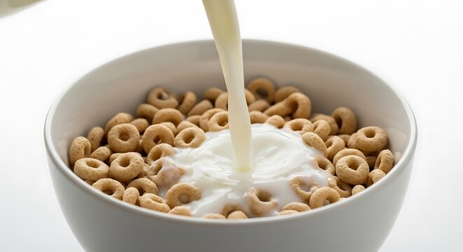 Pouring Milk Over Cereal in a Bowl for Breakfast.