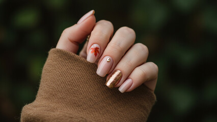 Naklejka premium generative ai Woman's hand showing elegant autumn nail art design