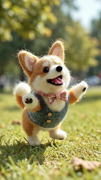 Playful corgi puppy plush toy running on green grass in bright sunlight outdoor setting