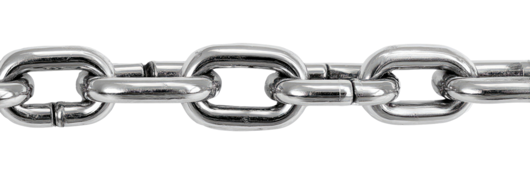 A close-up view of a metal chain, links connected by a seamless structure
