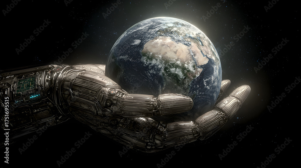 Wall mural a futuristic concept of artificial intelligence controlling planet earth with a robotic hand and cos
