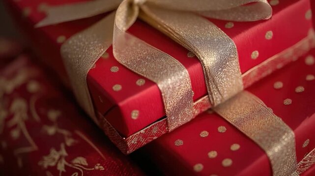 A close-up shot of a red gift box tied with a gold ribbon, perfect for festive occasions or romantic gestures