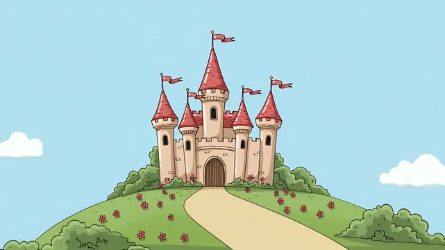 A cartoon castle sits atop a hill, its red flags waving against a blue sky. A path leads to the gate
