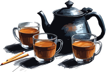 Chai Tea Time: Traditional Black Teapot, Three Glass Cups of Masala Tea, and Cinnamon Sticks