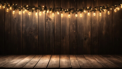 Warm and inviting wooden background adorned with glowing string lights creates cozy atmosphere, perfect for festive celebrations or intimate gatherings