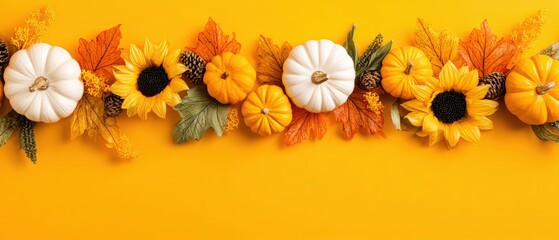 Vibrant autumn floral arrangement featu sunflowers pumpkins leaves and colorful seasonal decor on bright yellow background