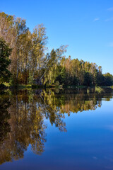Fototapeta premium Tranquil River Reflections of Autumn Trees