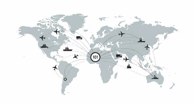 Global logistics network connecting world map with shipping, cargo planes and trucks for international business, supply chain and worldwide distribution