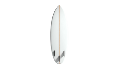 Sleek white surfboard with quad fins isolated on a black background