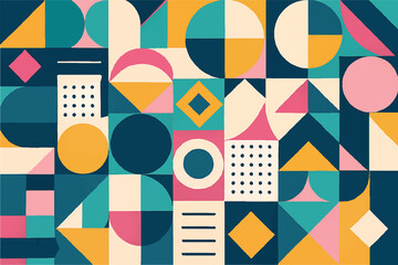 Colorful geometric composition on a transparent background with squares circles and shapes