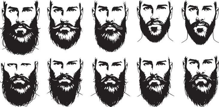 Collection of 10 Different Bearded Men Faces: Male Grooming, Barbershop, Facial Hair Styles