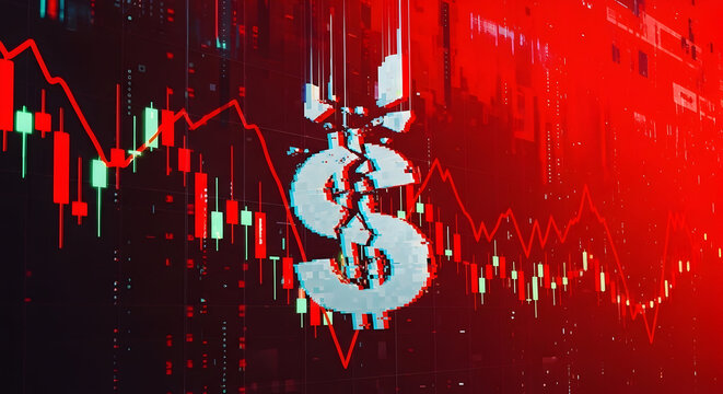 Stock Market Analysis Visual With Declining Red Graph And Bold Dollar Sign Symbolizing Investment Trends And Financial Risks