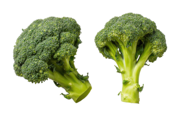 Two fresh broccoli heads, vibrant green, isolated on black