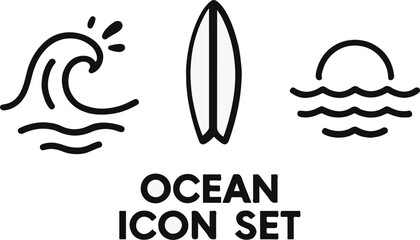 Minimalist ocean icon set featuring surfboard waves and sunset elements with transparency