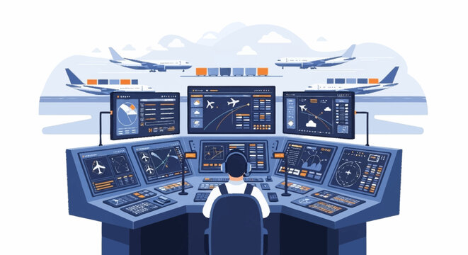 Dynamic air traffic controller managing flights with modern technology, ensuring safe airport operations, essential for aviation industry visuals